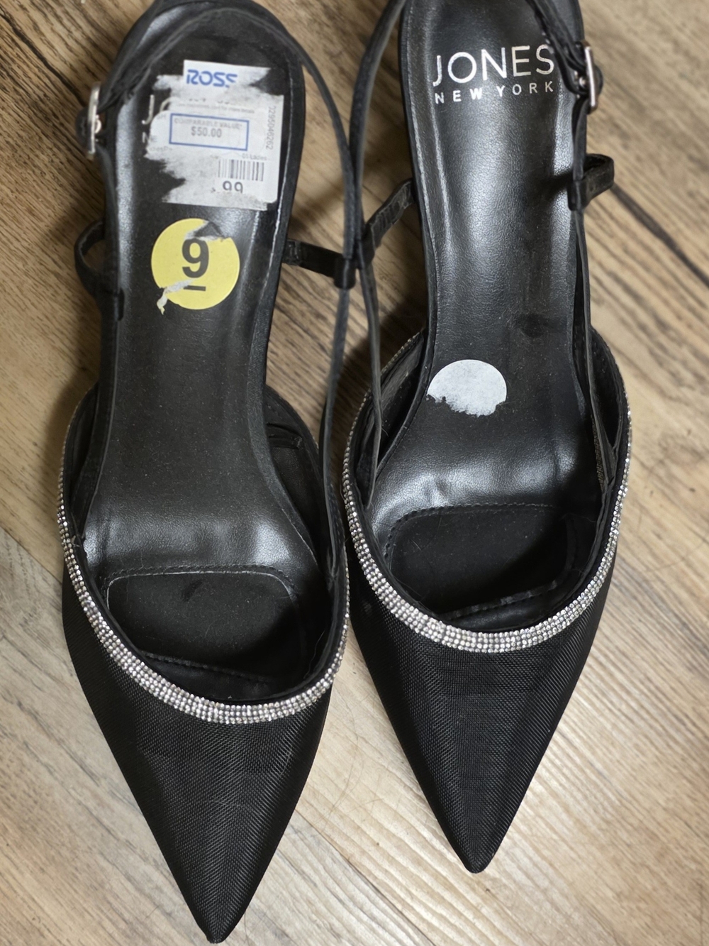 Jones New York Black Pointed Slingback Heels with Rhinestone Accents